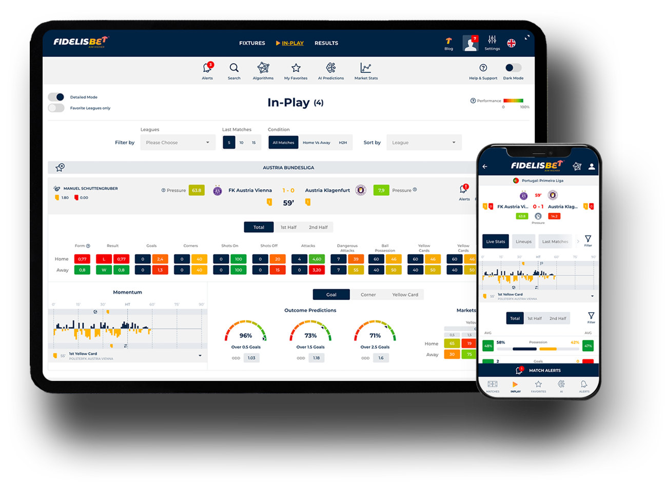 Fidelis App in a desktop screen and mobile app in a phone screen with match stats screen